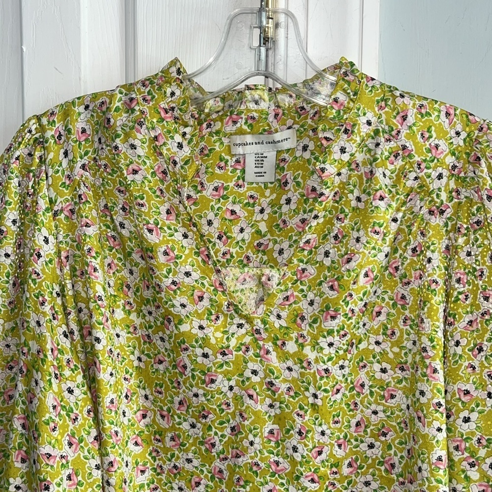 cupcakes & cashmere Green Floral Puff Sleeve Blouse Size M - Picture 4 of 9